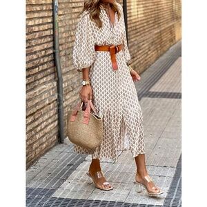 Printed Dress Lantern Sleeve Button Up White Tan